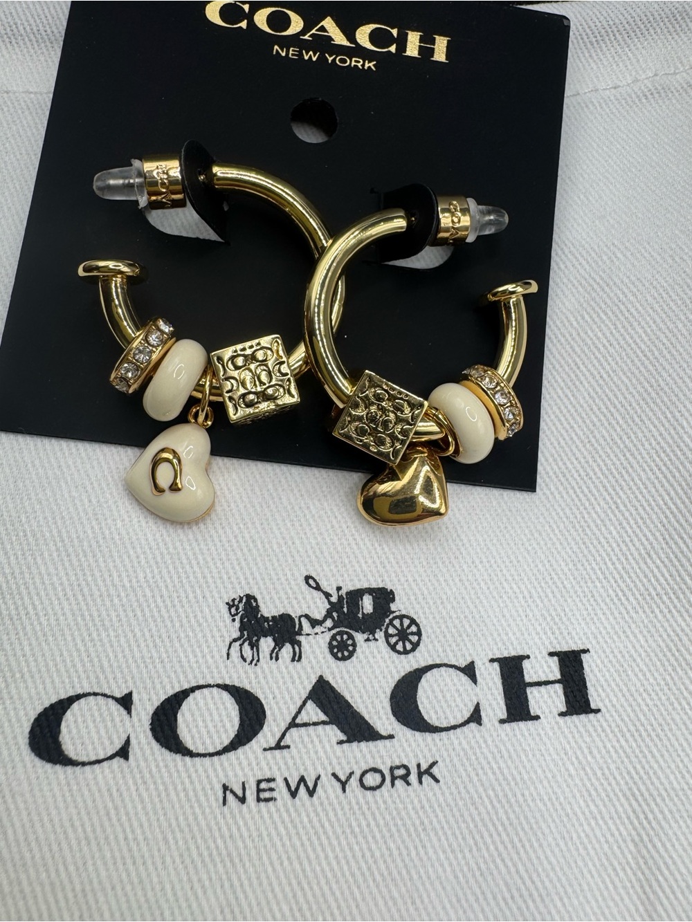 COACH Gold Hoop Earrings with Cream Heart Charms